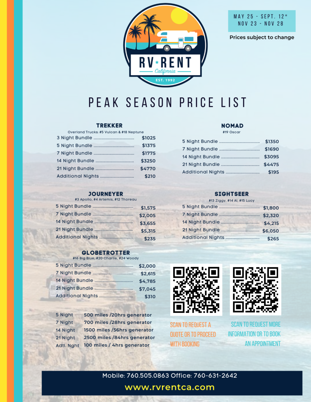 Peak Season Price List